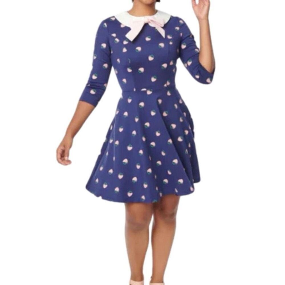 Unique Vintage Retro Inspired 50’s Navy Strawberry Fit & Flare Dress S - Picture 8 of 14